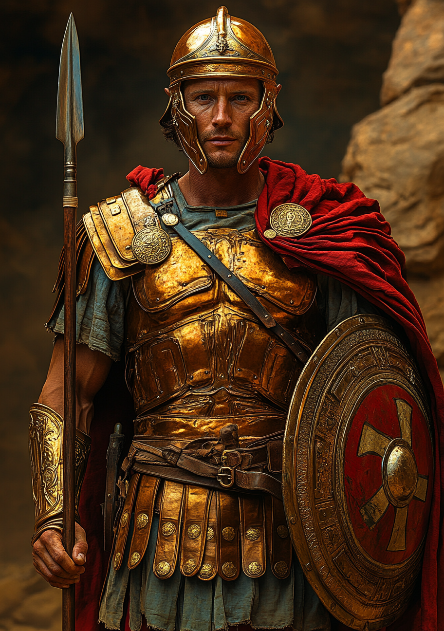 Roman soldier in red armor, holding a spear.