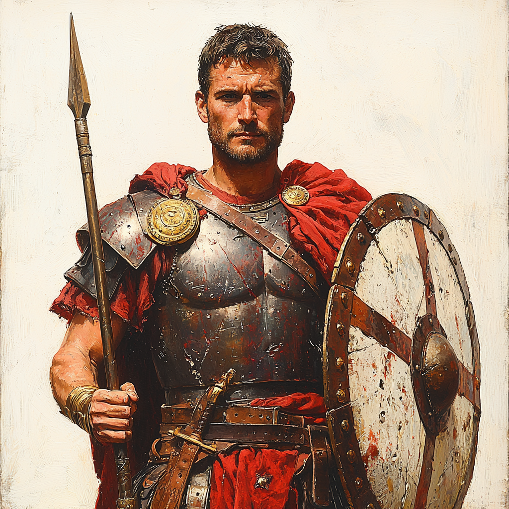 Roman soldier in red armor, holding shield and spear.