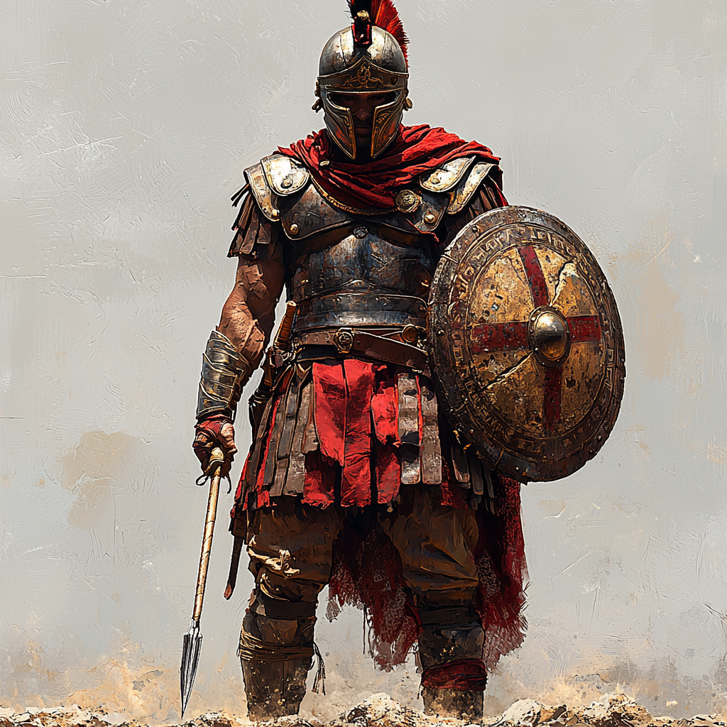 Roman soldier in red armor with shield and spear.