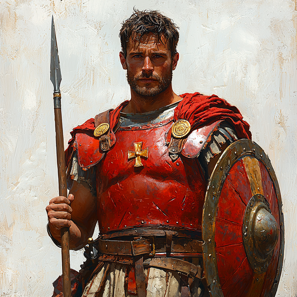 Roman soldier in red armor with spear and shield.