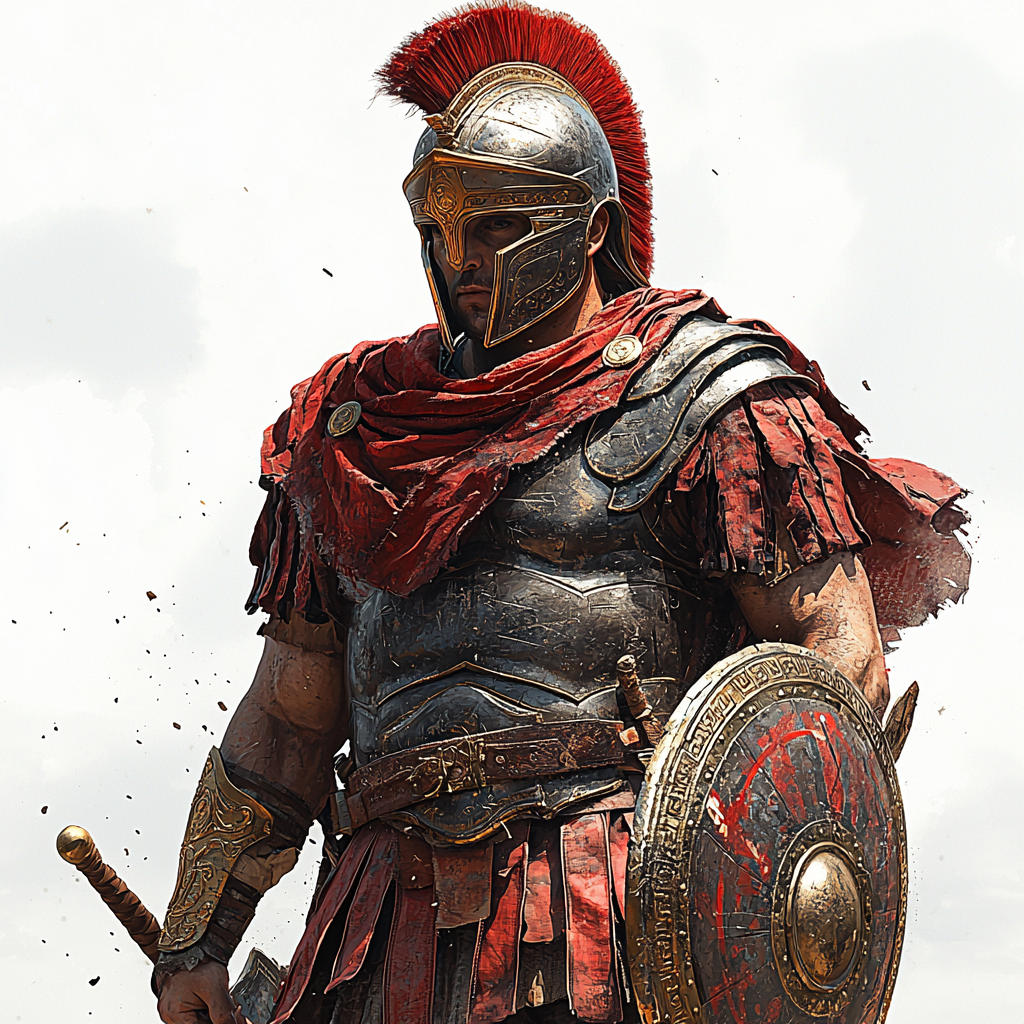 Roman soldier in red tunic holds shield and javelin.