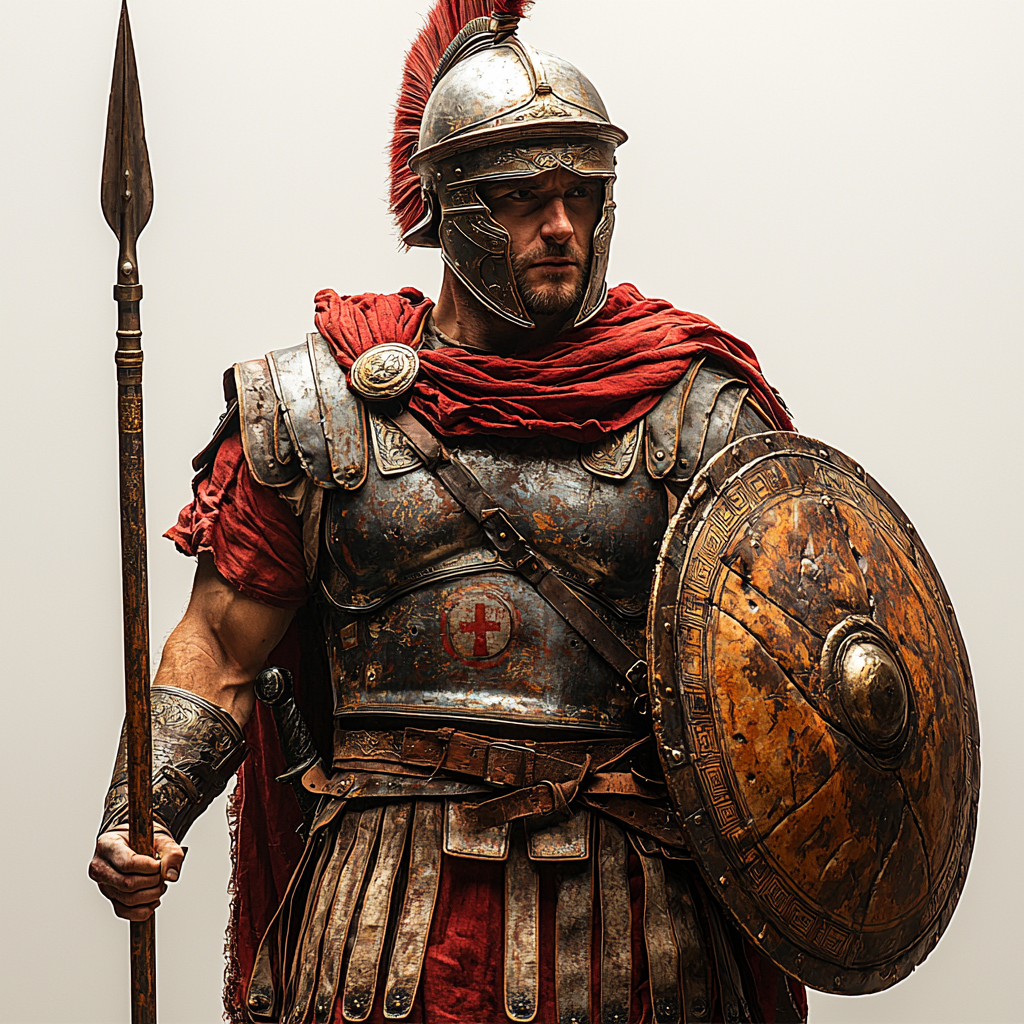 Roman soldier with shield and spear in armor pose