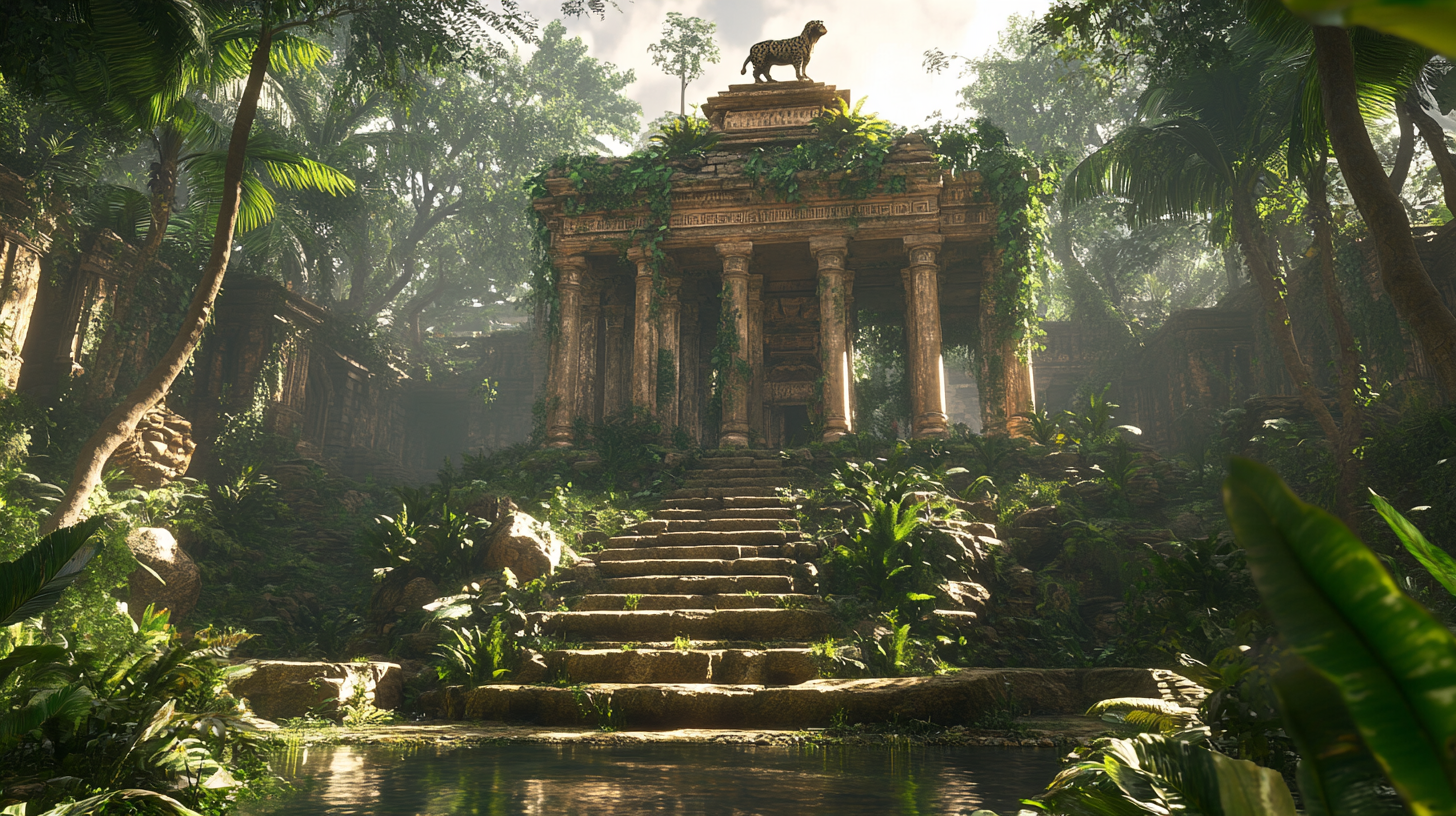 Roman temple with jaguar statue in jungle. Thundercats style.