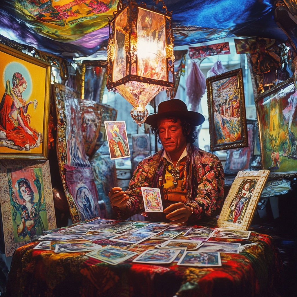 Romani fortune teller in surreal tent with floating art.