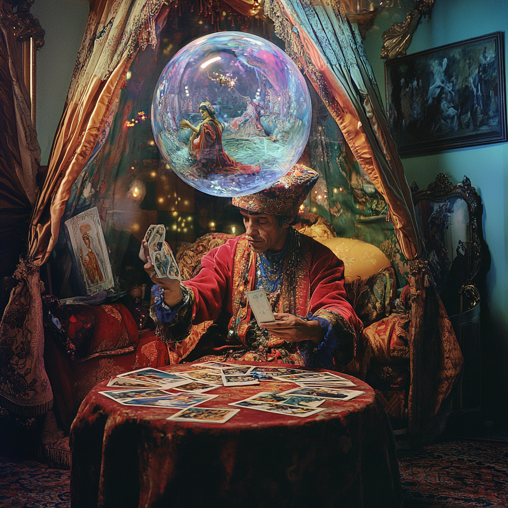 Romani fortune teller in vibrant tent at dusk.