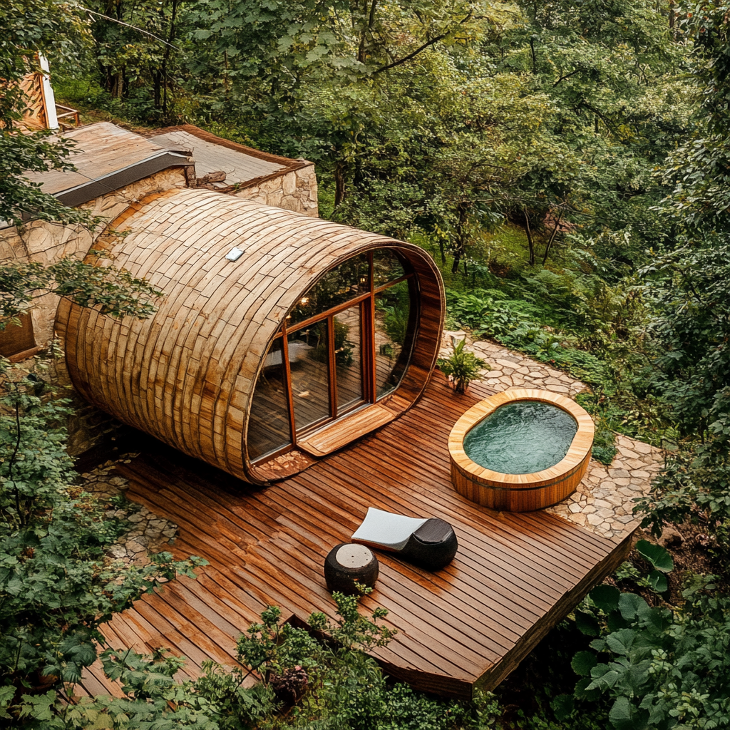 Romanian cottage house with barrel jacuzzi in modern backyard. 