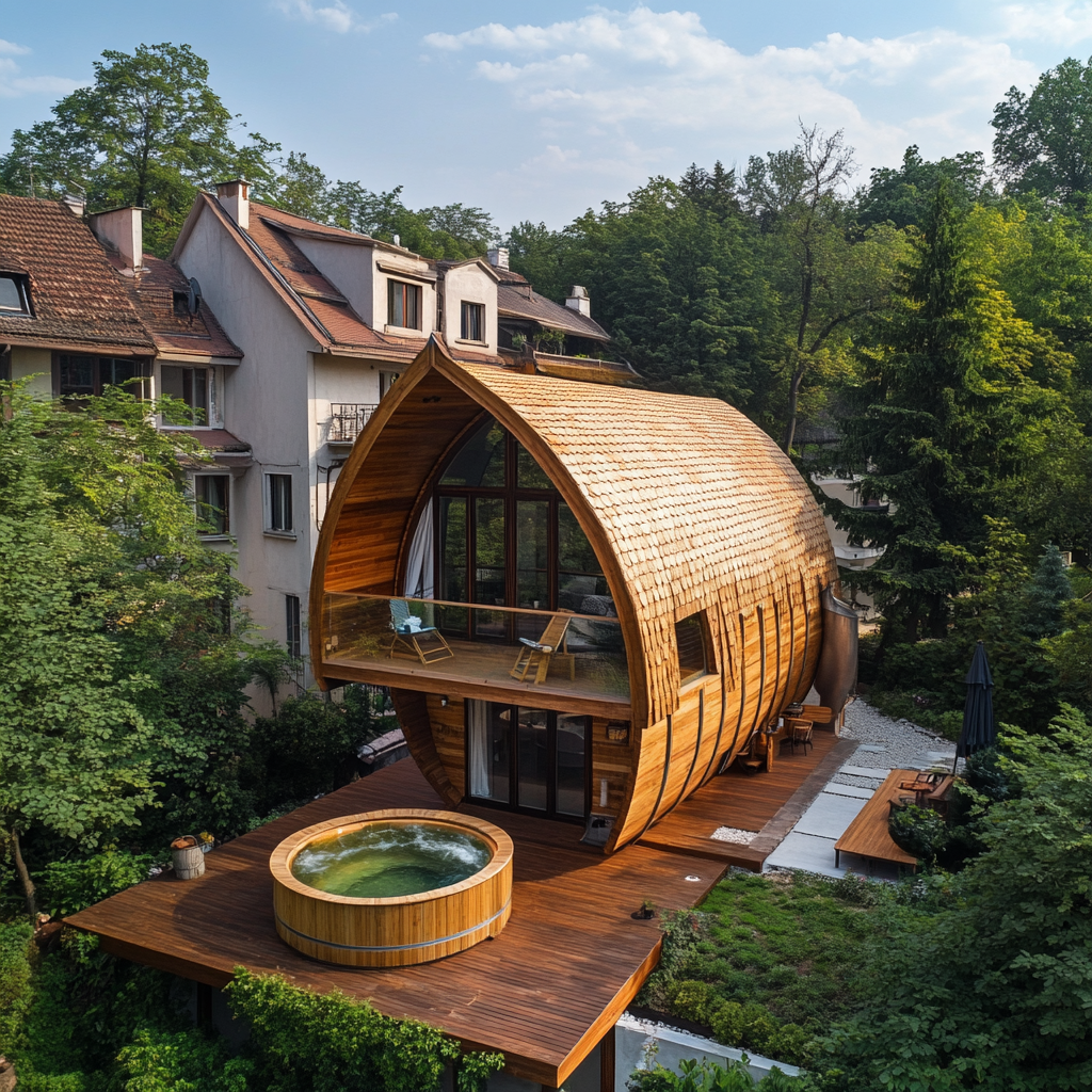 Romanian cottage village house with wooden barrel jacuzzi