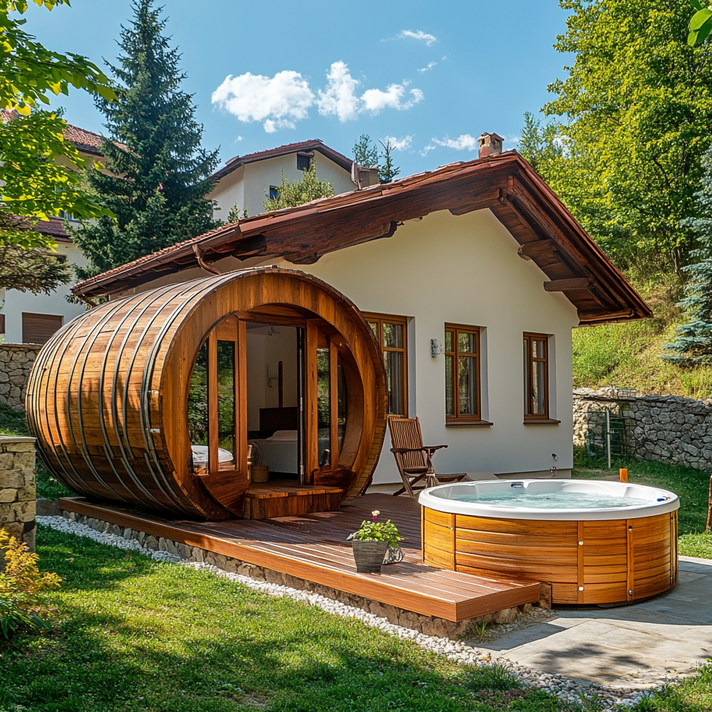 Romanian cottage with barrel jacuzzi in lush backyard - stock photo