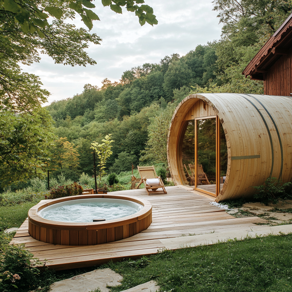 Romanian cottage with wooden barrel jacuzzi in backyard