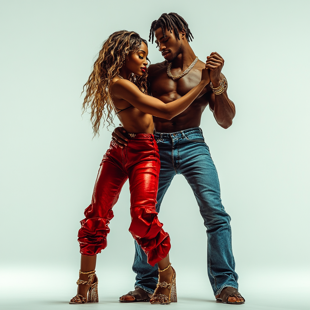 Romantic African American couple dancing in blue and red