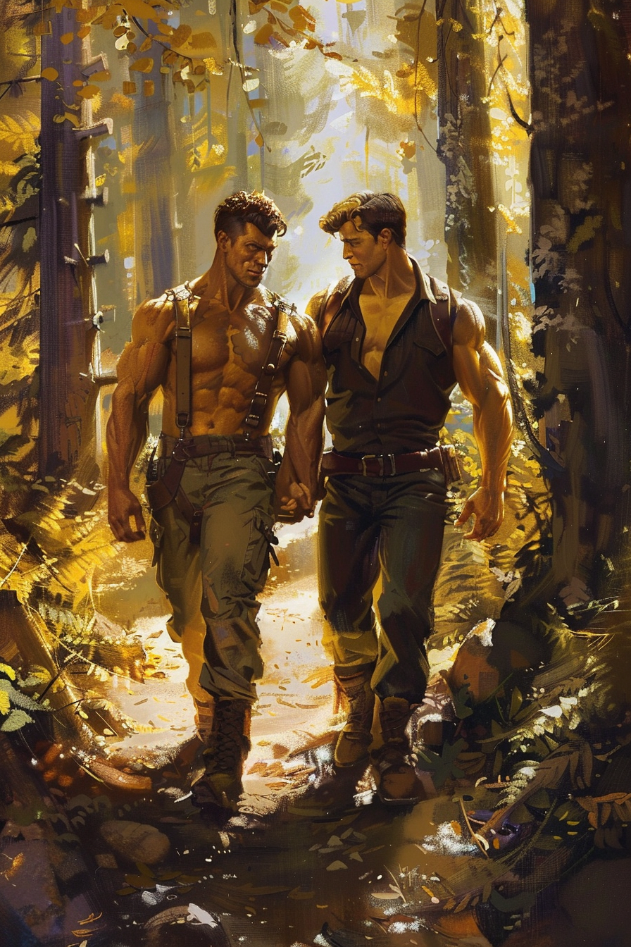 Romantic Forest Stroll with Handsome Men Walking Together