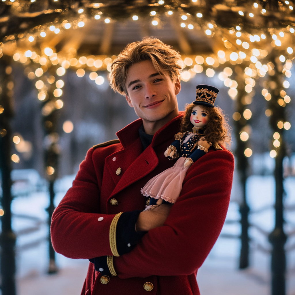 Romantic Man Holds Nutcracker by Snowy Gazebo