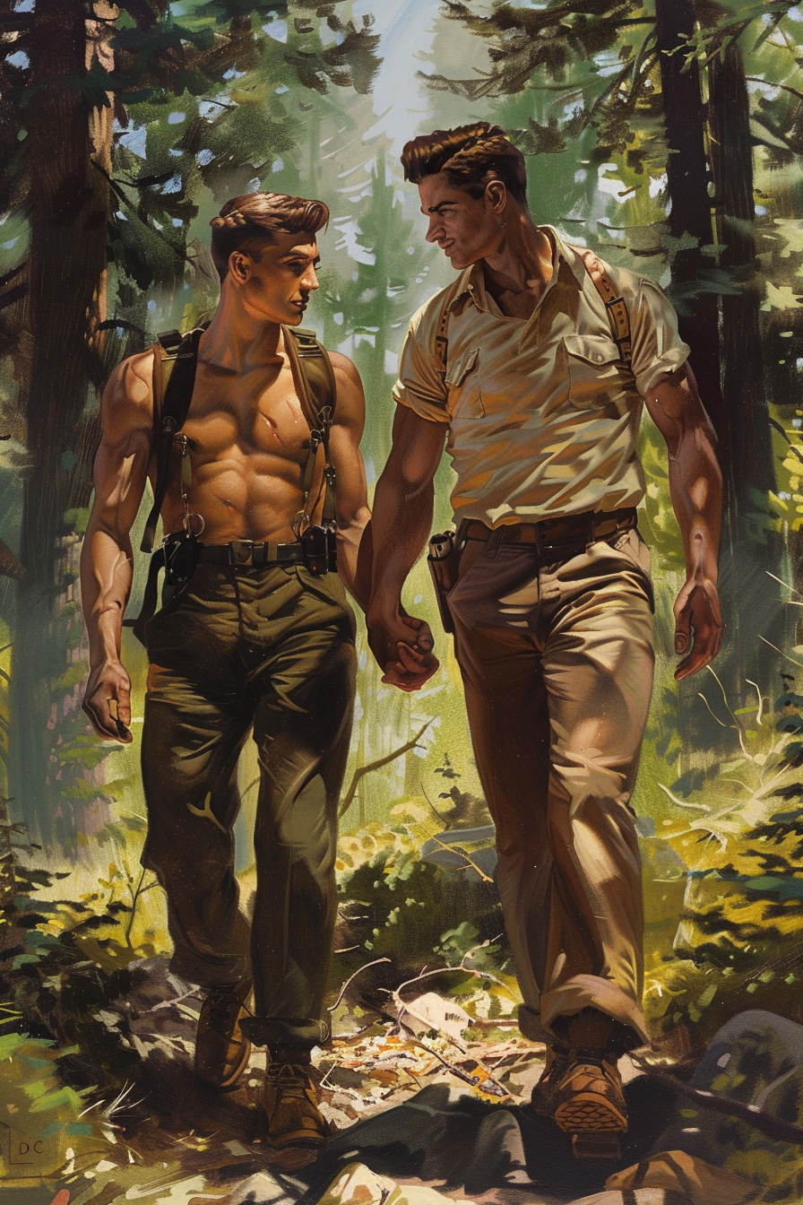 Romantic Men Walking in Forest Blend Frazetta & Leyendecker