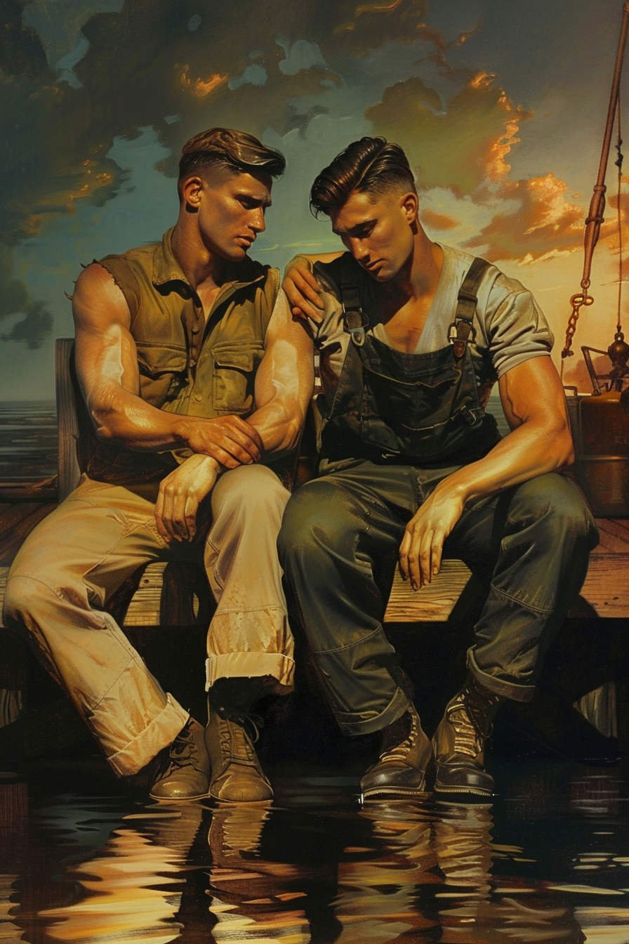 Romantic and Strong Men Embracing on Dock