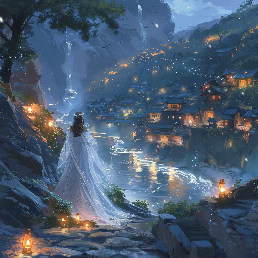 Romantic anime scene with bride in Moroccan dress.