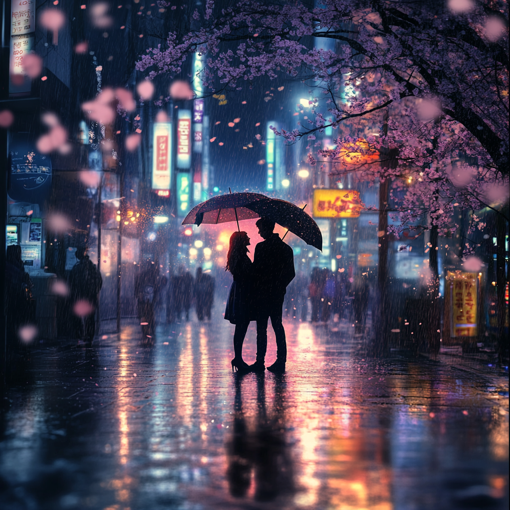 Romantic couple under streetlights in rain with umbrellas.