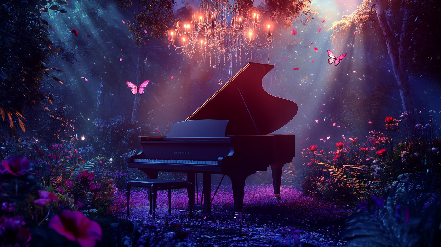 Romantic forest night scene with piano and butterflies.