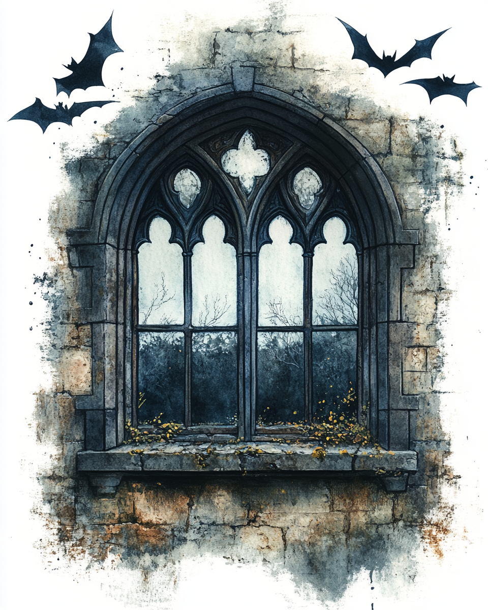 Romantic gothic window in castle, horror style painting.