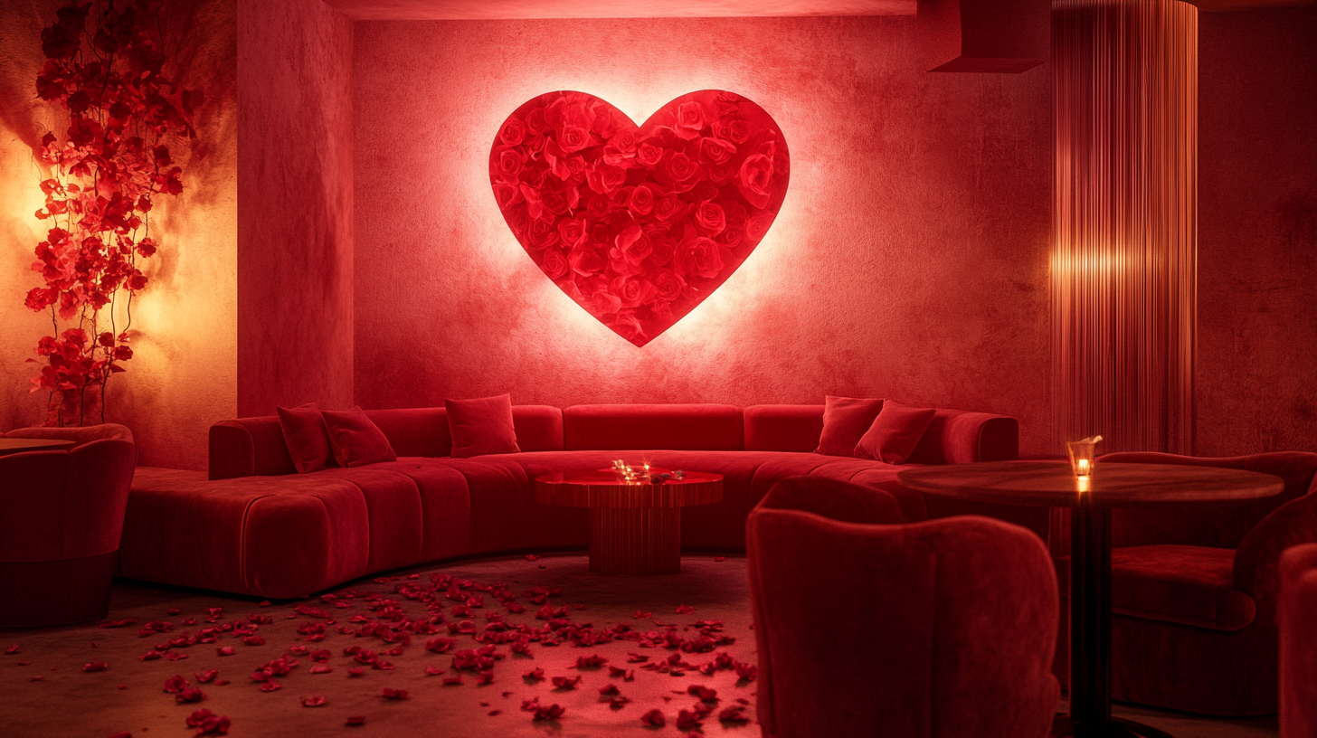 Romantic pink and red room with heart and flowers.