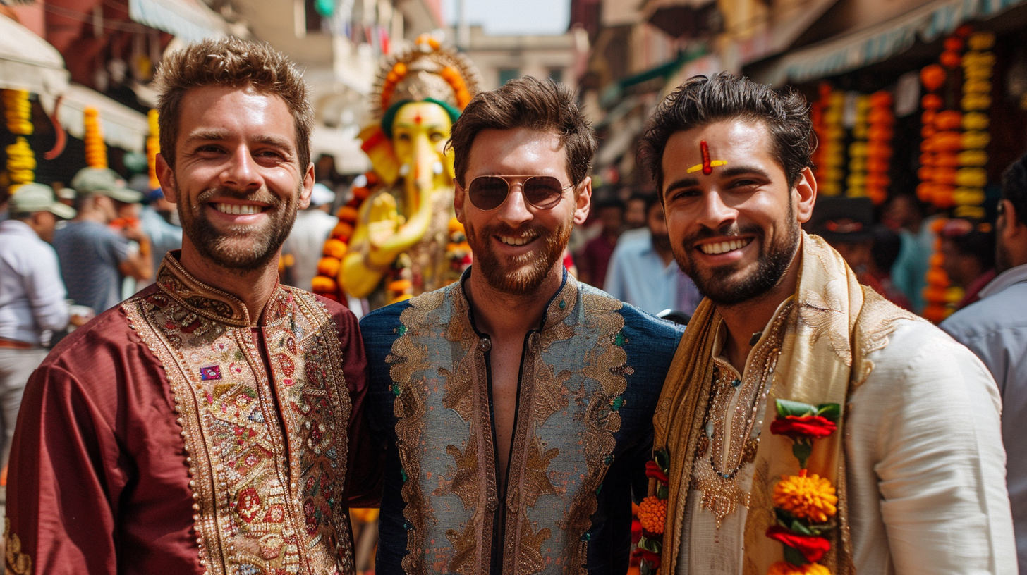 Ronaldo, Messi, Neymar in traditional Indian outfits, smiling joyfully.