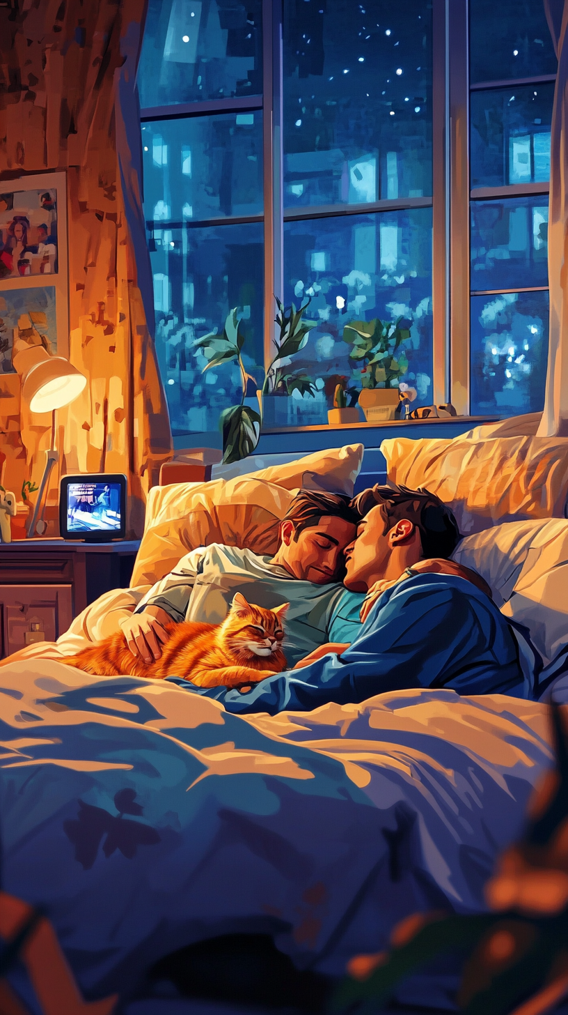 Ronaldo and Messi sleep with cat watching movie.