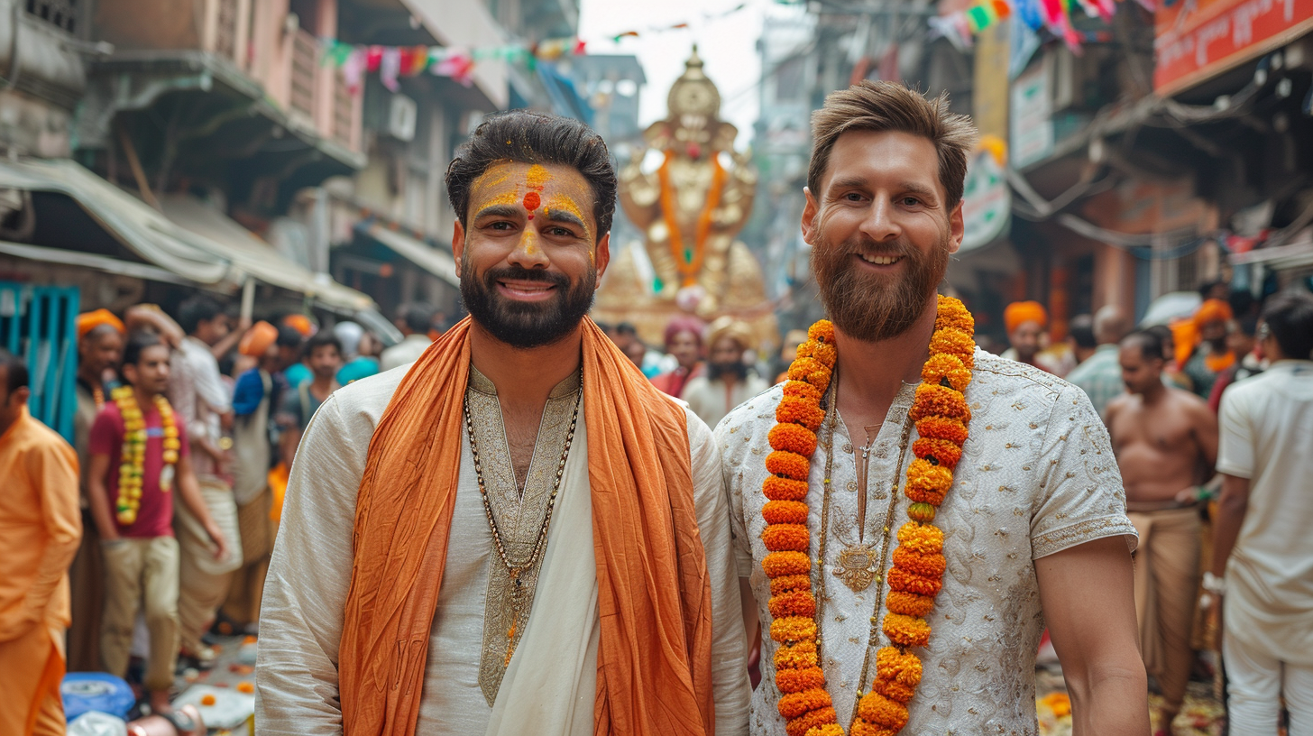 Ronaldo and Messi smiling, celebrating Ganesh Chaturthi in India.