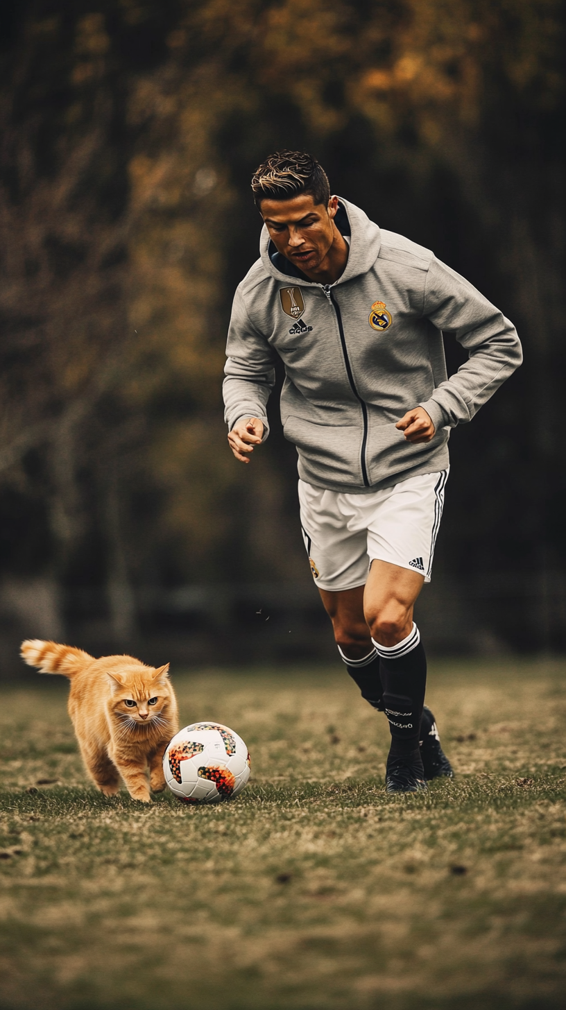 Ronaldo trains with cat in Real Madrid gear.