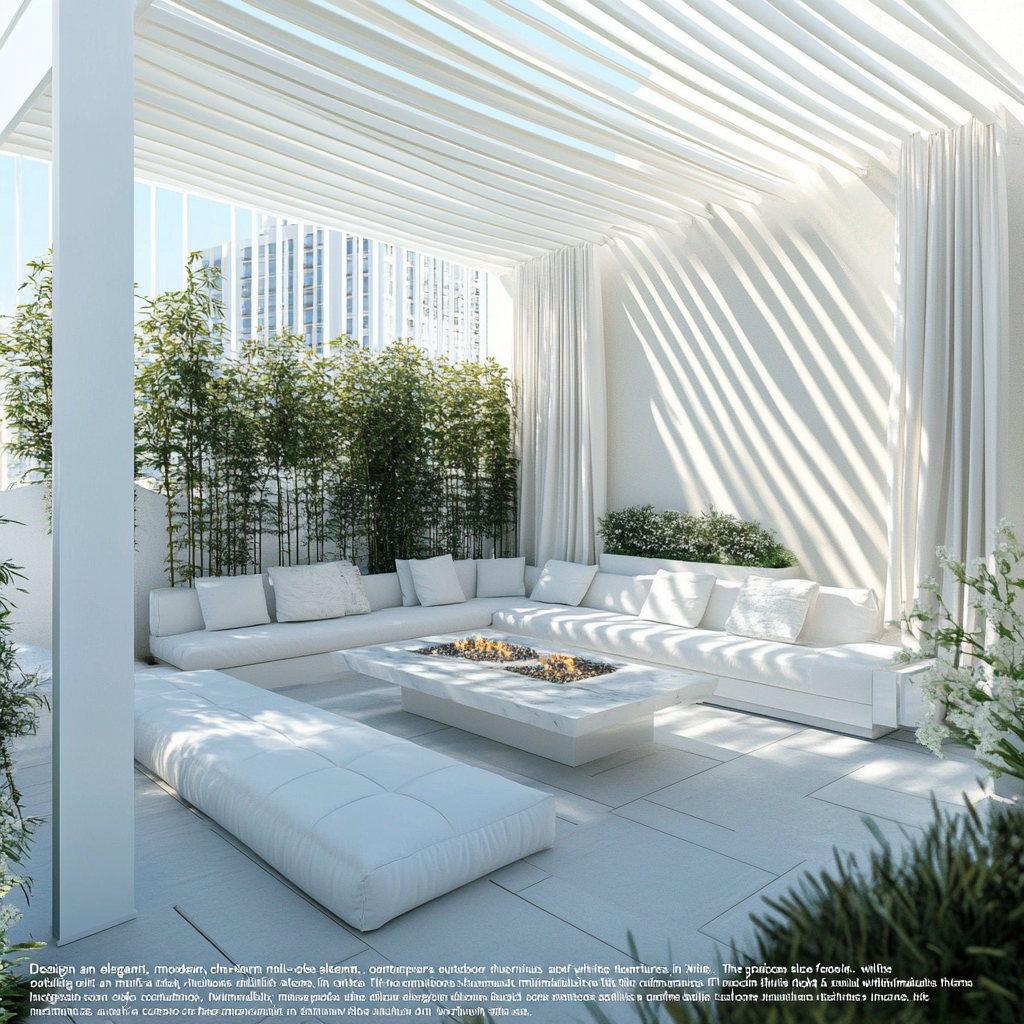 Roof garden with white furniture, sleek accessories, luxury accents.