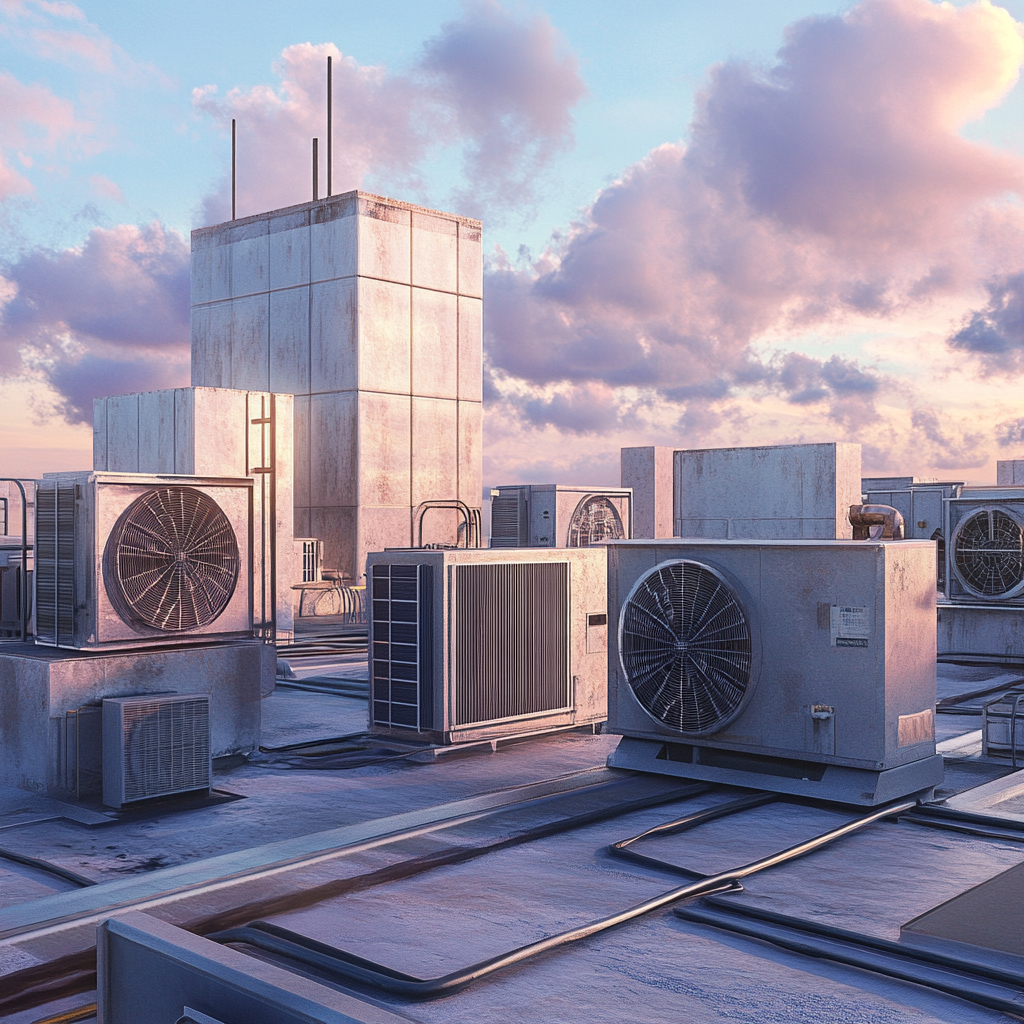 Roof of building with HVAC equipments, realistic style.