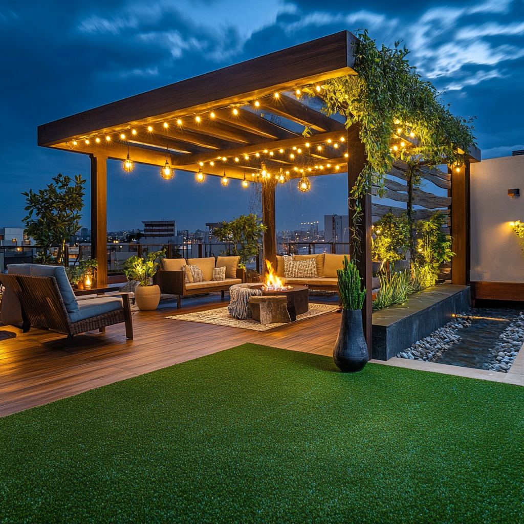 Rooftop Pergola Design with BBQ Area and Waterfall 