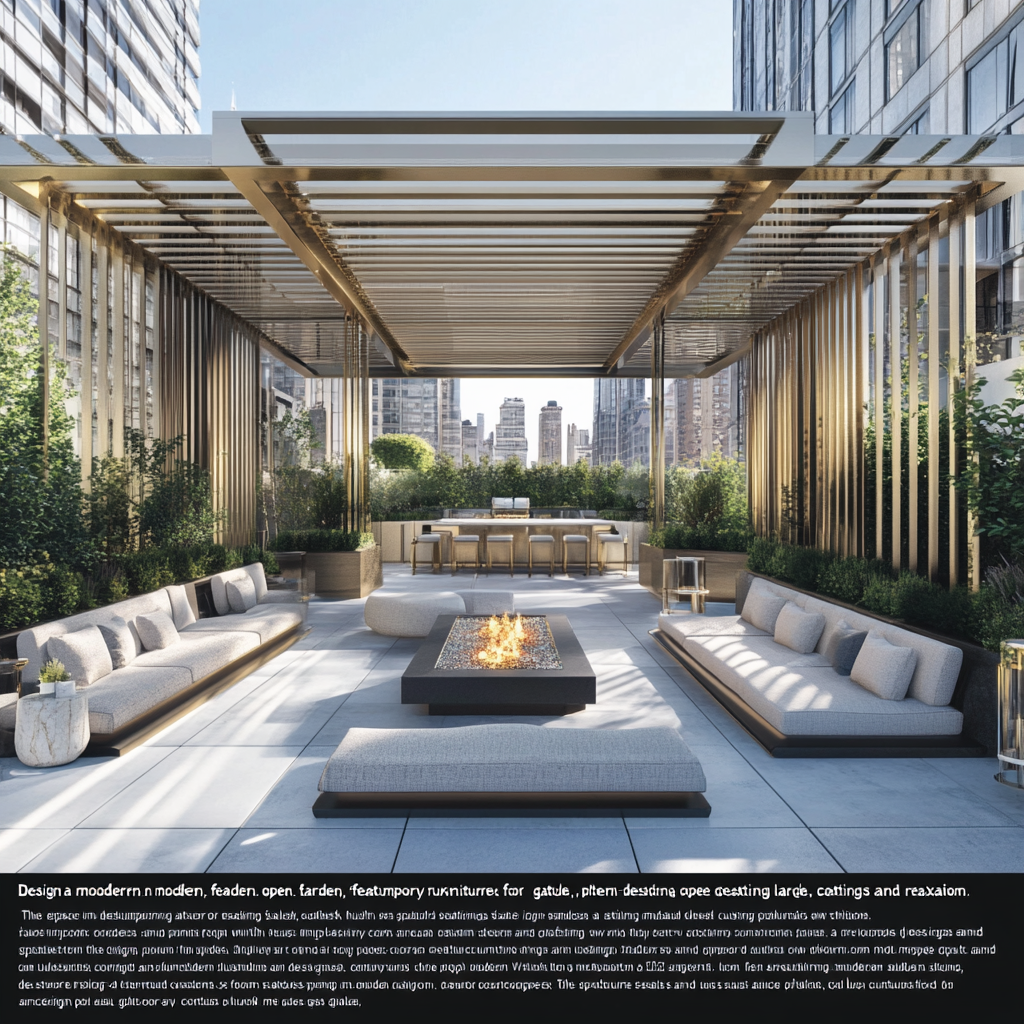 Rooftop garden oasis with modern luxury furniture and accessories.