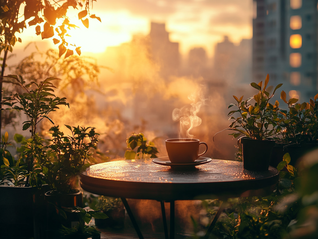 Rooftop garden with plants, coffee, morning mist, sunlight.