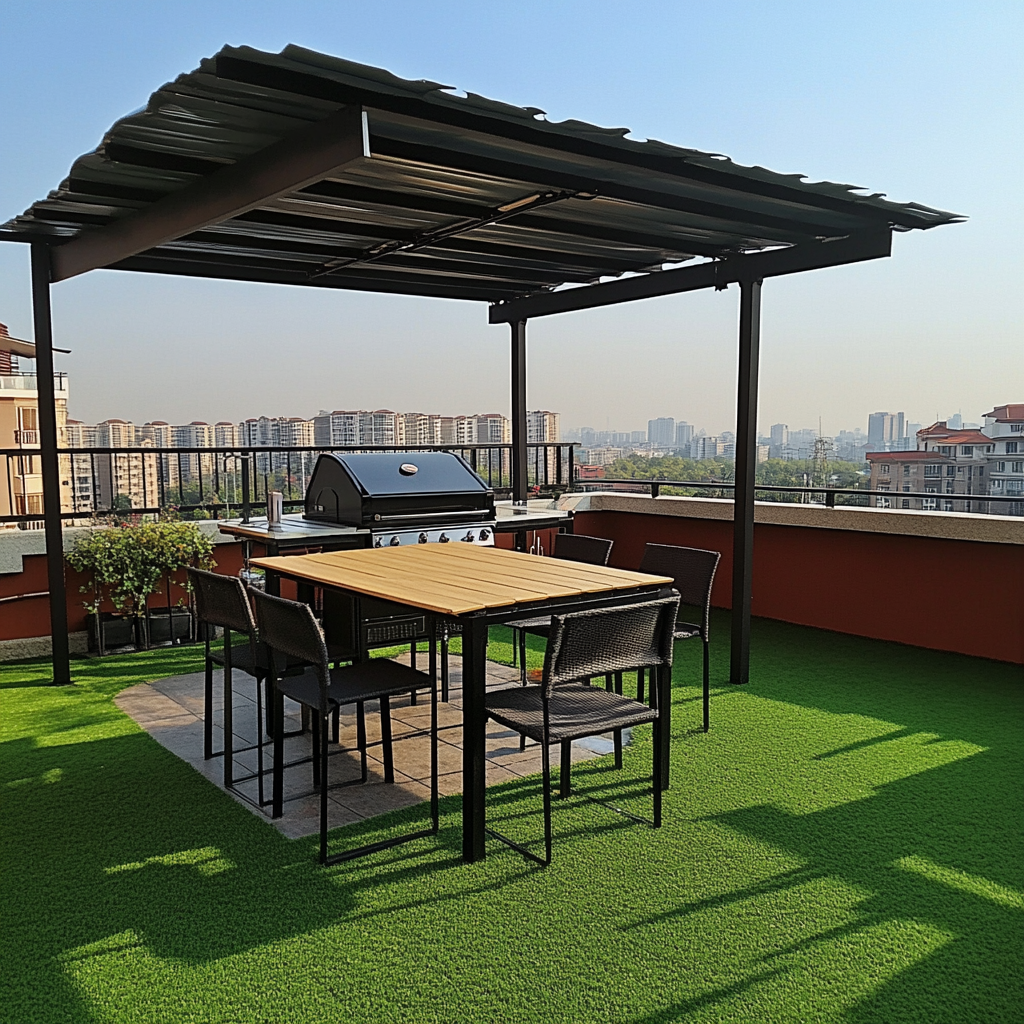 Rooftop grill with seating area for young adults.