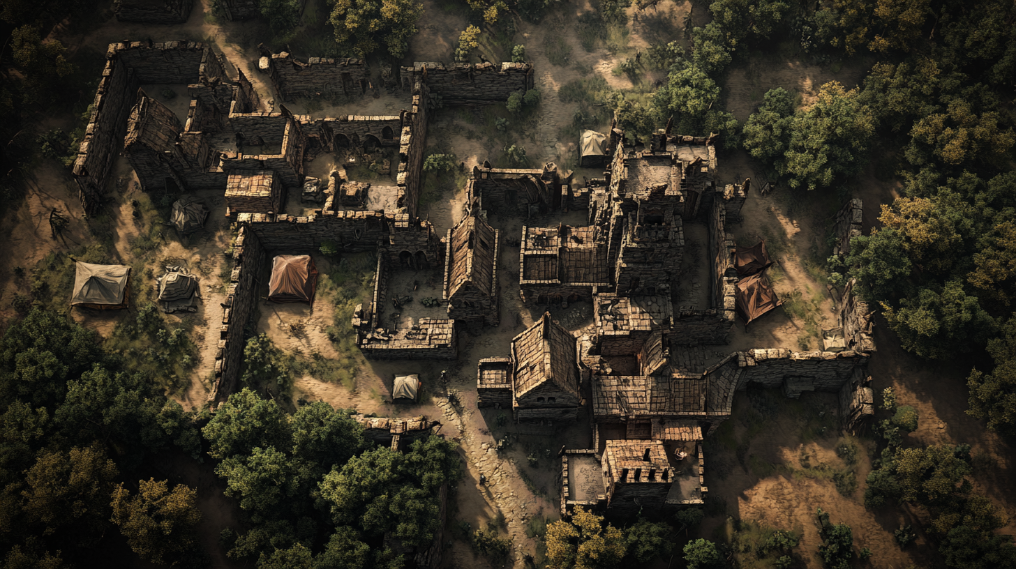 Rooftops of castle fort surrounded by forest and tents.