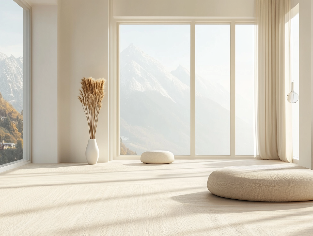 Room with mountains view, natural light, serene ambiance.