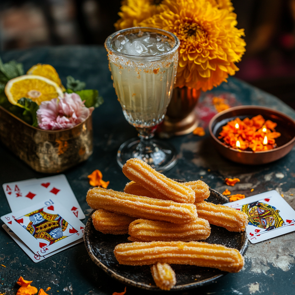 Rose petal churros, cards, marigold, diya, cocktail scene