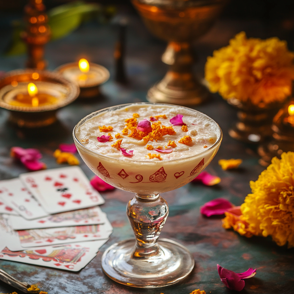 Rose petal shrikhand, cards, marigold, diyas, gin cocktail