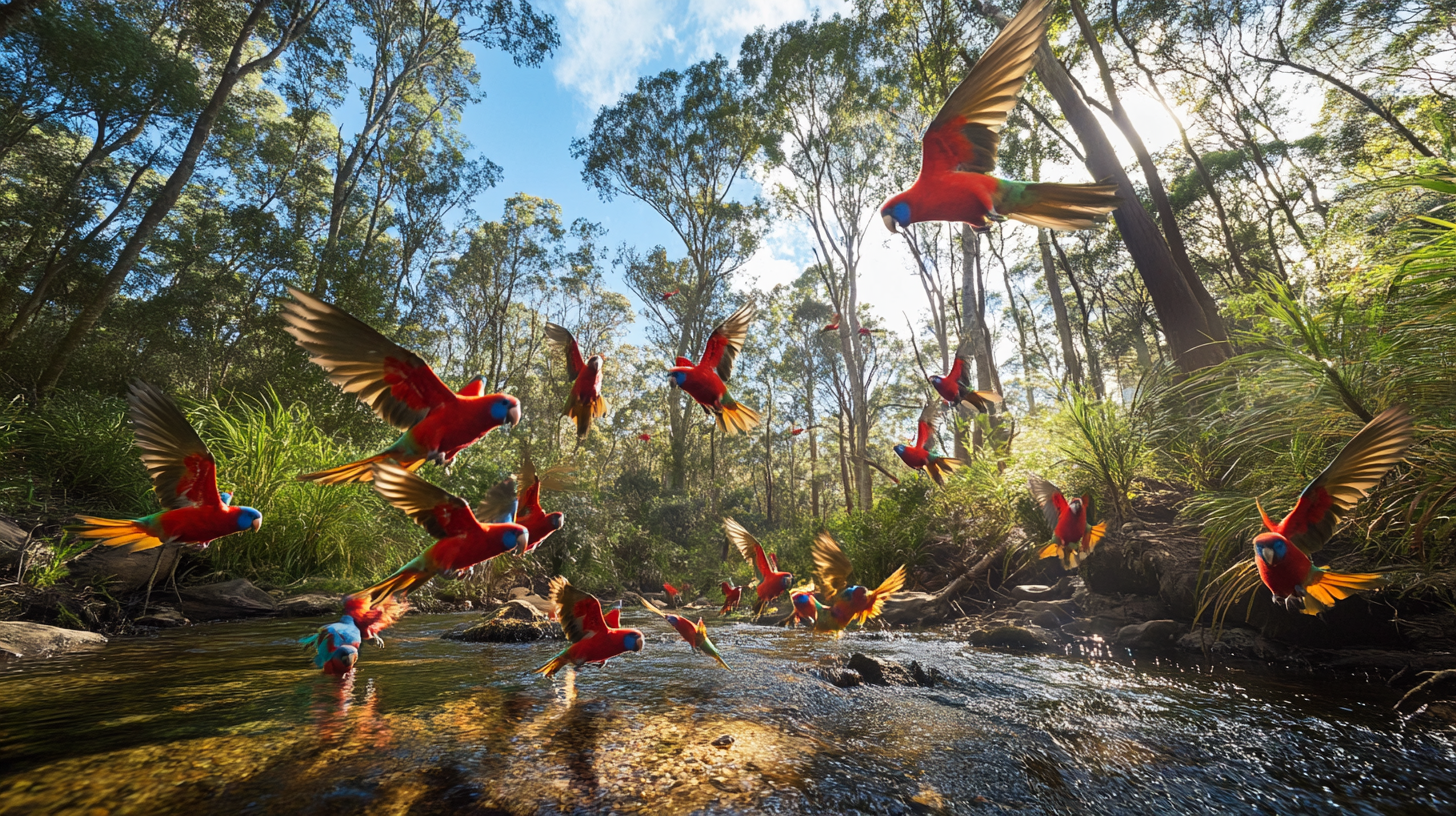 Rosella parakeets in flight and on ground by stream.