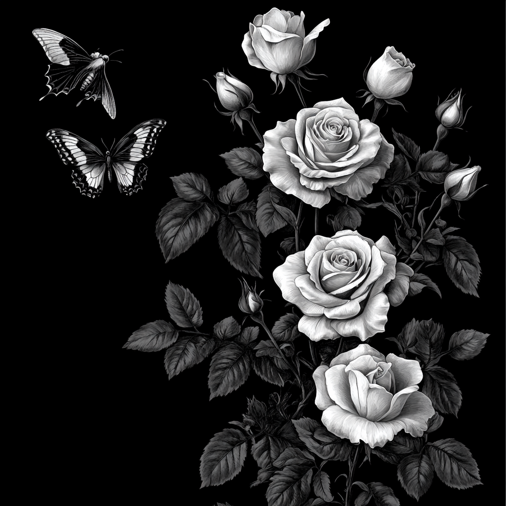 Roses, butterflies, birds in black and white vector image.