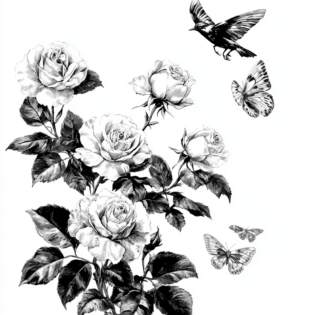 Roses climbing with butterflies and birds in vector image.