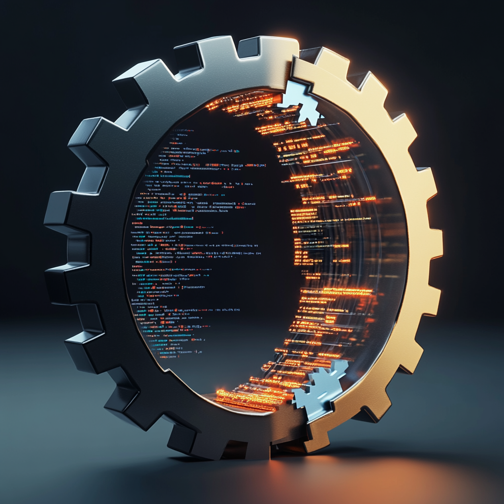 Rotating gear with design interface and code snippets representation.