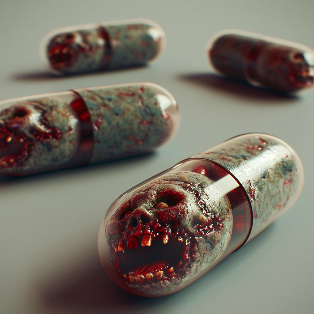 Zombie Pills with Rotten Brown Grey Red Appearance