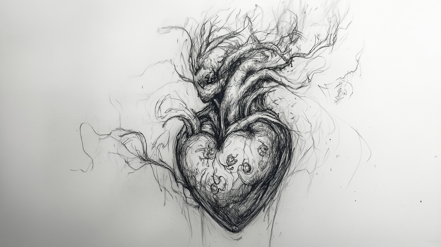 Rough sketch of figure with abstract heart opening.