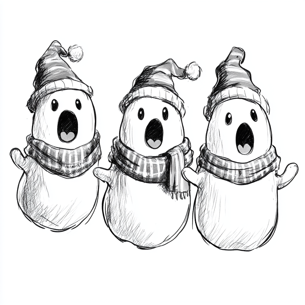 Round Ghosts Singing Carols in Christmas Attire