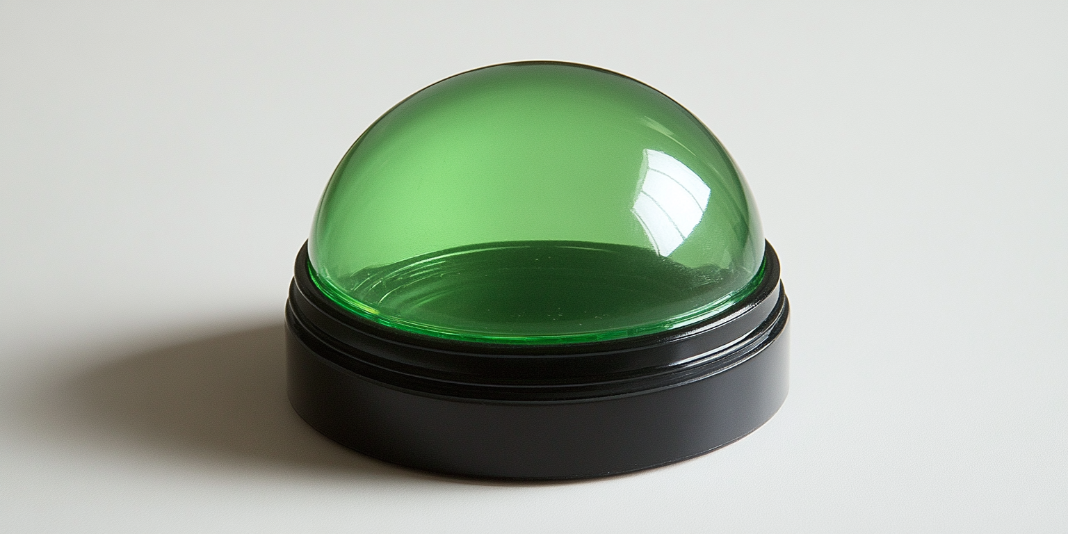 Round button with glass on black base glowing green.