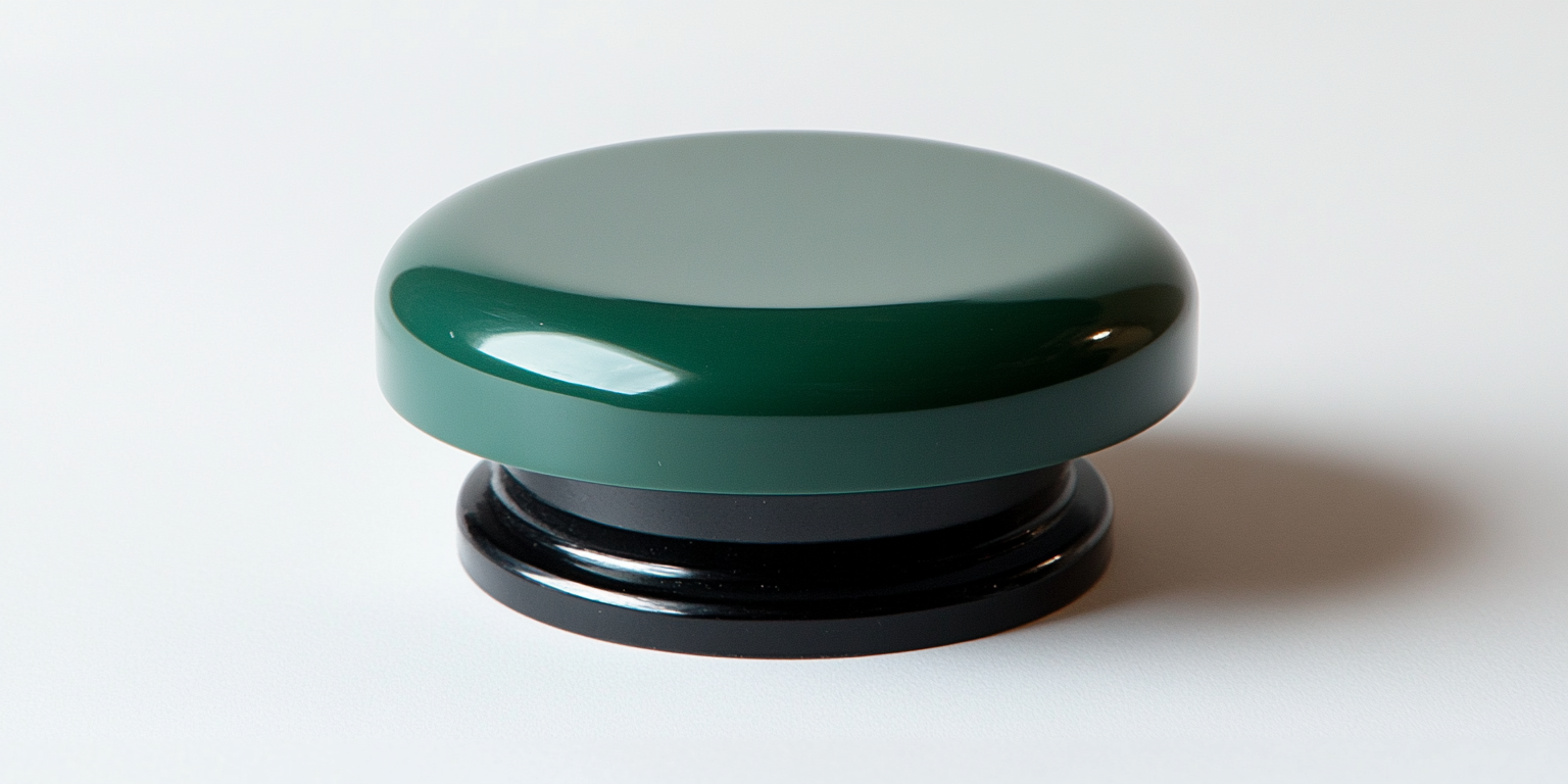 Round green button on black base, angled left.