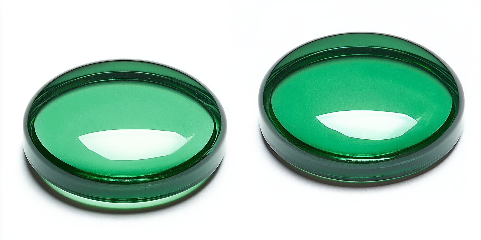 Round green glowing button with glass, viewed from above.