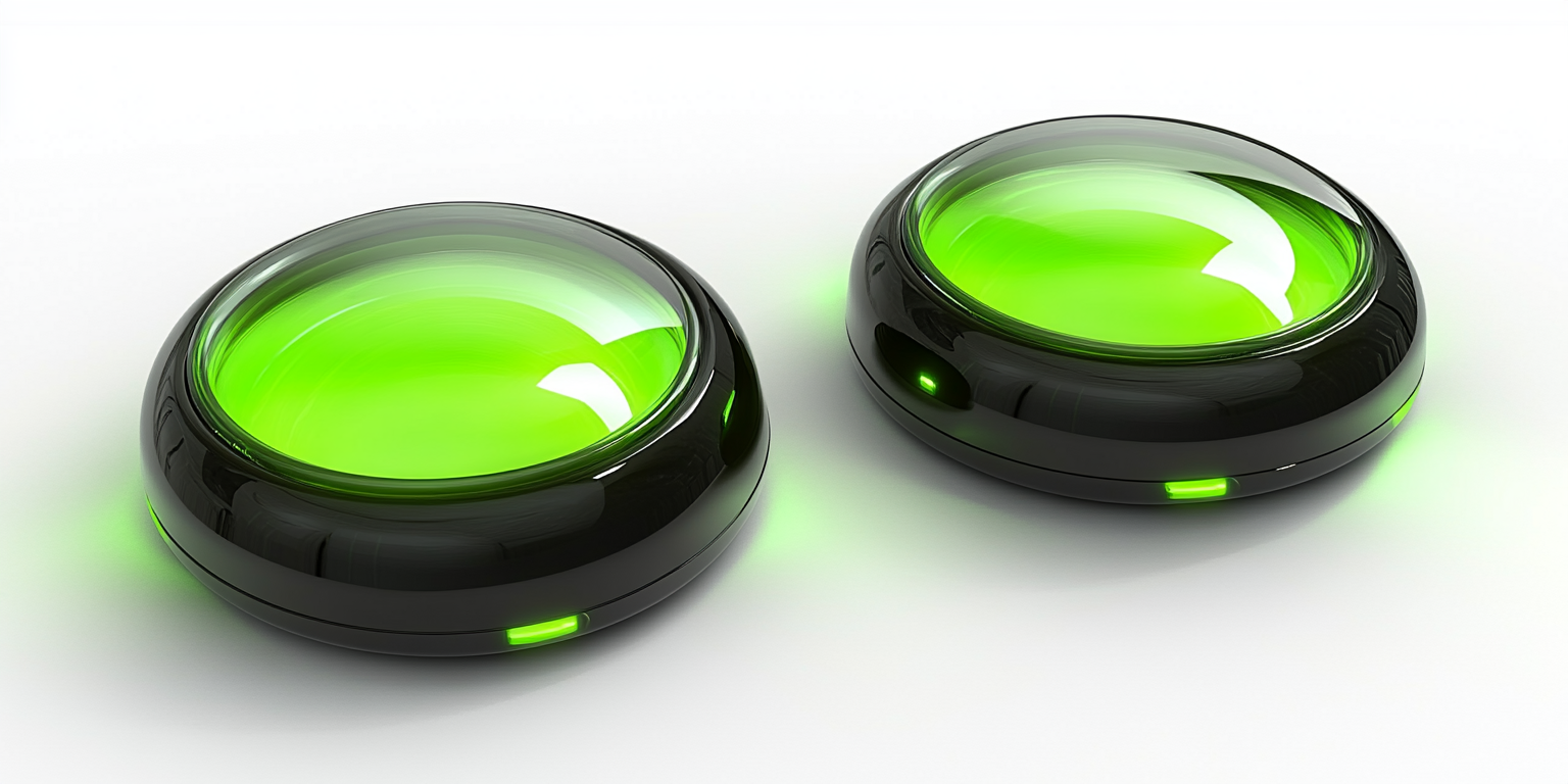 Round industrial button with transparent glass, glowing green illumination.