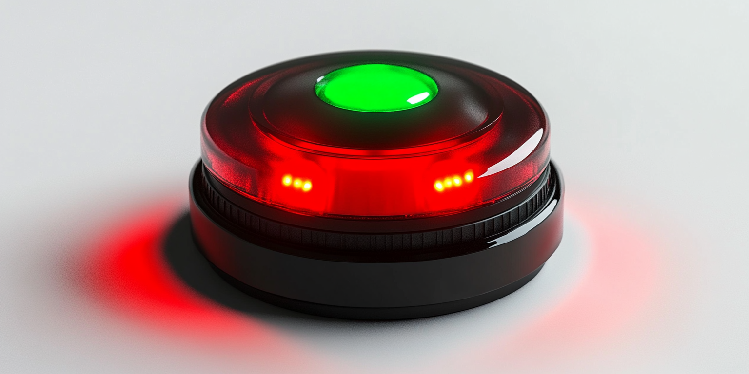 Round red button with LED-like light on black base.