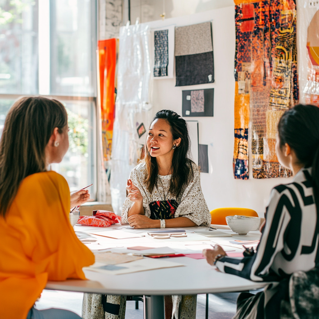 Round table meeting with diverse designers in creative studio.